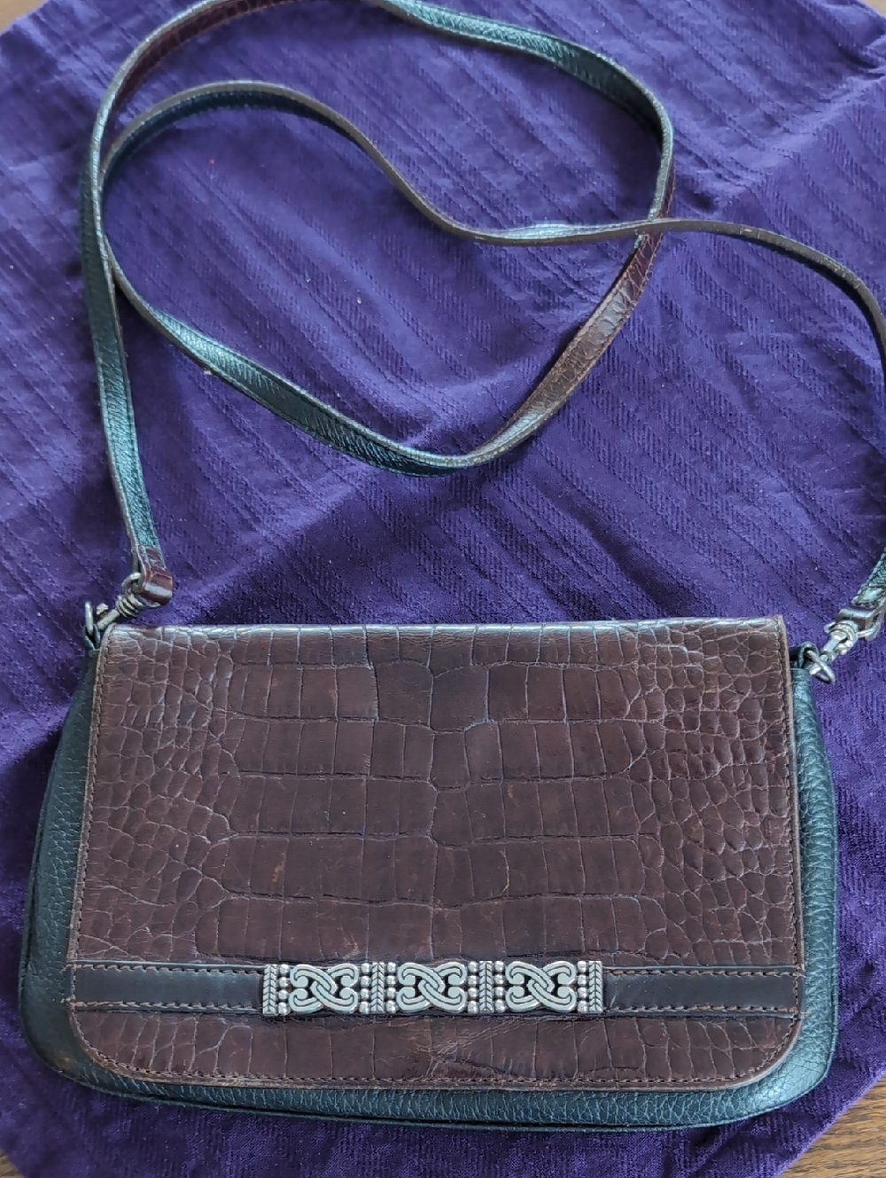 Brighton Brown Croc-Embossed Crossbody Bag with Silver Accent